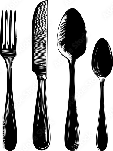 Black and white illustration of fork knife spoon and teaspoon set. Vector illustration in sketch style