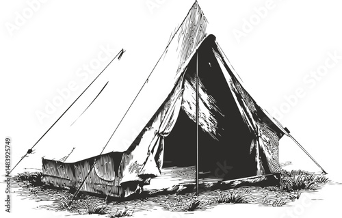 Hand-drawn black and white illustration of a classic camping tent on grass. Vector illustration in sketch style