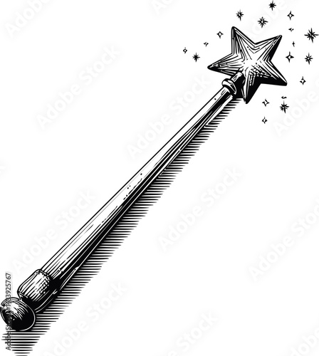 Magic wand with star tip emitting sparkles in black and white. Vector illustration in sketch style