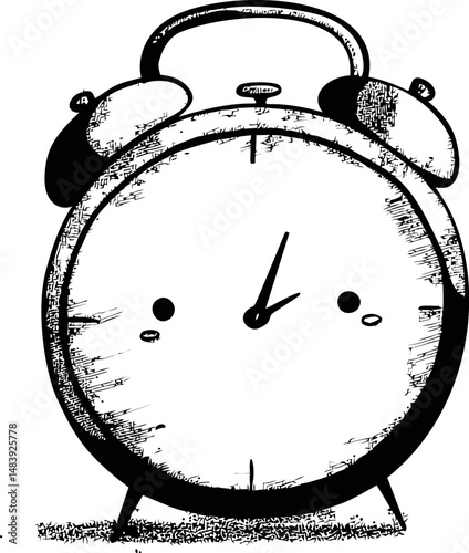 Black and white sketch of a vintage alarm clock with a simplistic design. Vector illustration