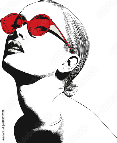Monochrome illustration of woman wearing red sunglasses, pop art style. Vector illustration in sketch style