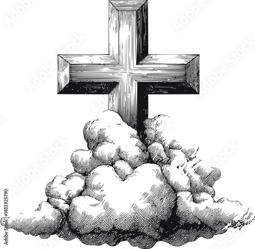 Cross emerging from detailed smoke in black and white, symbolic art. Vector illustration in sketch style