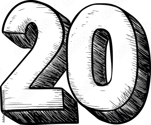 Black and white sketch of the number 20 with artistic shading effect. Vector illustration in sketch style
