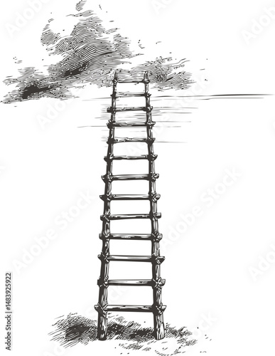 Wooden ladder reaching into cloudy sky, black and white surreal artwork. Vector illustration in sketch style