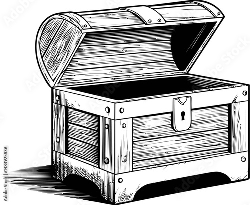 Wooden treasure chest sketch with open lid and lock. Vector illustration