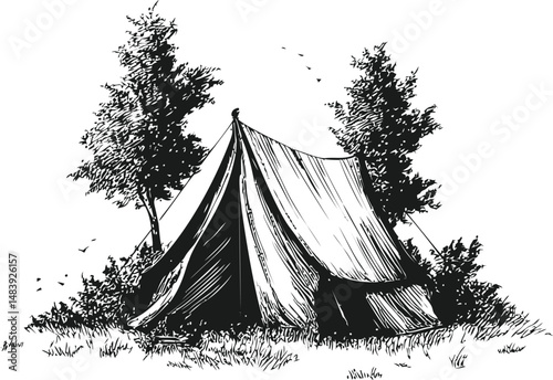 Ink sketch of a camping tent surrounded by trees in a rustic setting. Vector illustration