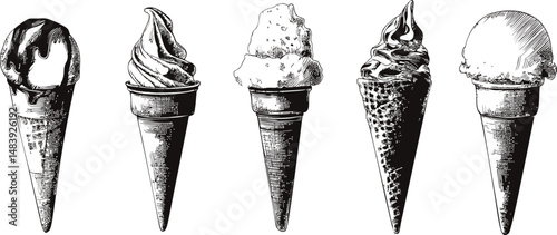 Vintage illustration of assorted ice cream cones in detailed black and white. Vector illustration in sketch style