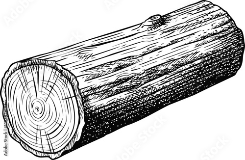Detailed black and white illustration of a rustic wooden log with texture. Vector illustration in sketch style