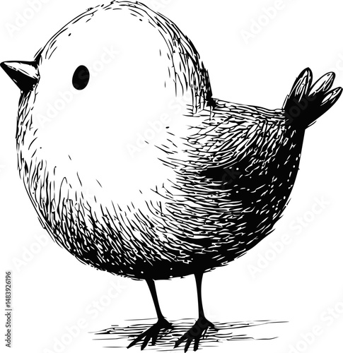 Simple black and white illustration of a cute round bird with textured feathers. Vector illustration in sketch style