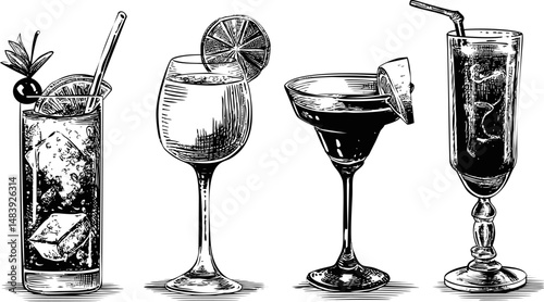Set of four hand-drawn cocktail glasses with slices of lemon and garnishes. Vector illustration in sketch style