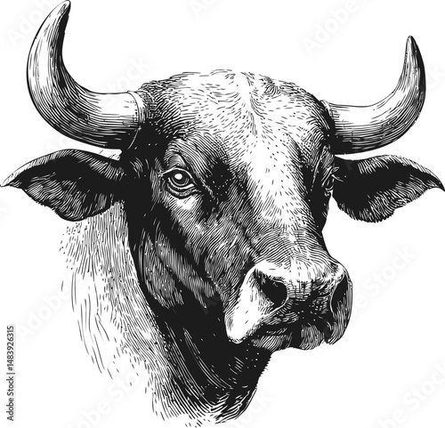 Black and white sketch of a bull's head with detailed texture. Vector illustration