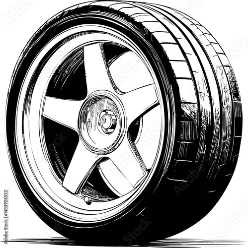 Illustrated black and white car tire with five-spoke wheel, detailed close-up design. Vector illustration in sketch style