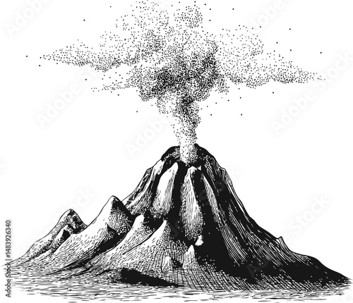 Vintage illustration of erupting volcano with smoke in black and white drawing. Vector illustration in sketch style