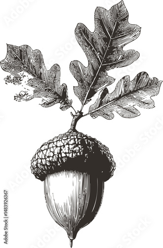 Detailed oak acorn and leaves in black and white engraving style. Vector illustration