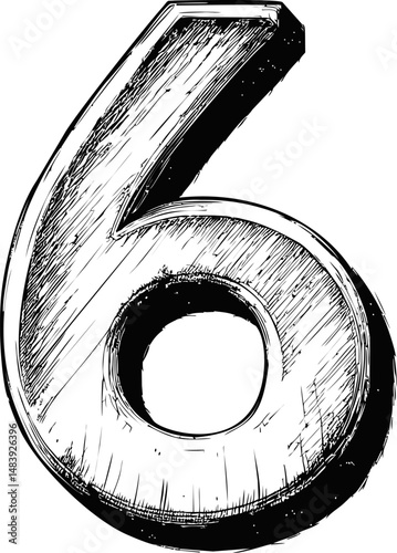 Black and white sketch of the number 6 six with textured shading. Vector illustration