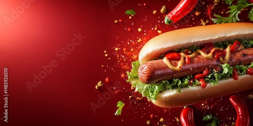 fresh hotdog or sausage sandwich with flying ingredients and spices hot ready to serve and eat food commercial advertisement menu banner with copy space