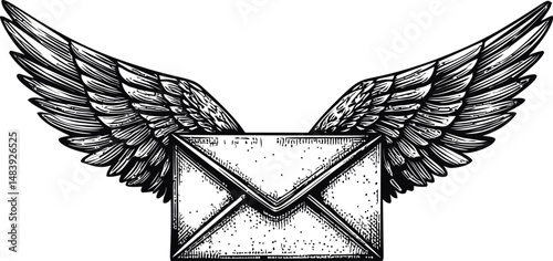 Envelope with detailed vintage wings as a fantasy vector illustration in sketch style