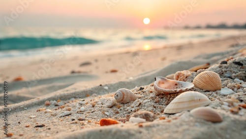 Fototapeta Naklejka Na Ścianę i Meble -  Seashells on Sandy Beach at Sunset with Ocean Background