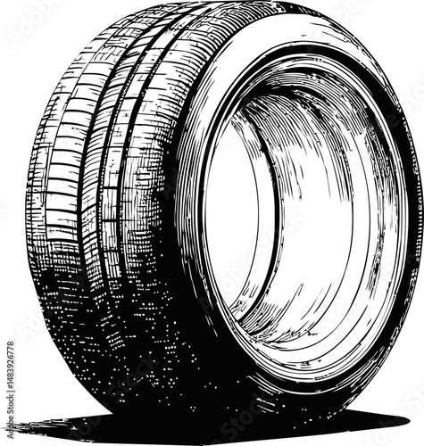 Black and white sketch of a detailed car tire with treads. Vector illustration