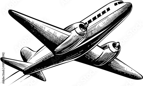 Vintage black and white airplane illustration in motion, retro aviation design. Vector illustration in sketch style