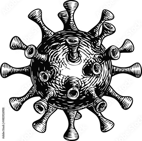 Black and white illustration of a virus particle depicted in detail. Vector illustration in sketch style