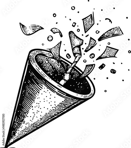 Exploding confetti popper with dynamic particles in black and white. Vector illustration in sketch style