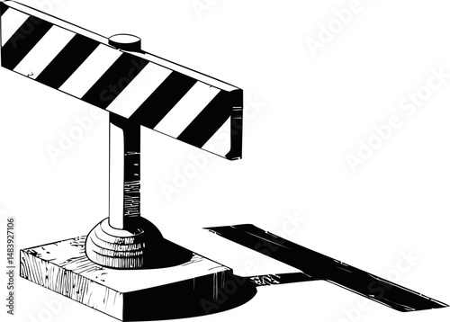 Traffic barrier in black and white with a striped pattern, digital artwork. Vector illustration in sketch style