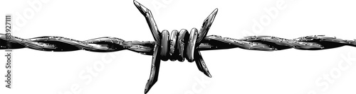 Detailed black and white illustration of barbed wire with sharp edges. Vector illustration in sketch style