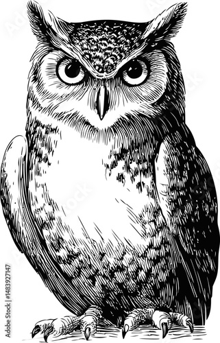 Intricate black and white owl illustration with detailed feathers, vintage. Vector illustration in sketch style