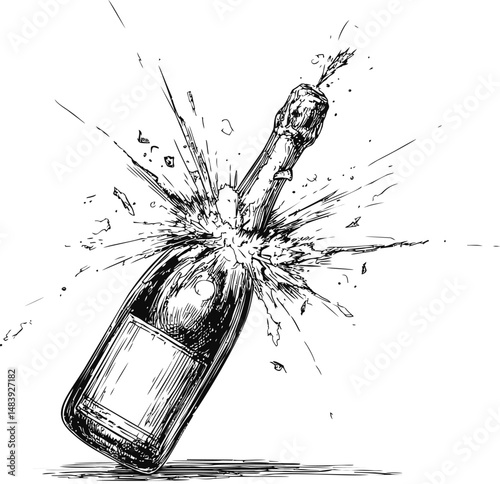 Sketch of champagne bottle exploding with cork and fizz in black and white. Vector illustration