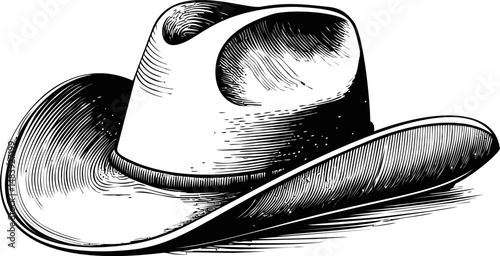 Black and white illustration of a cowboy hat with intricate shading details. Vector illustration in sketch style