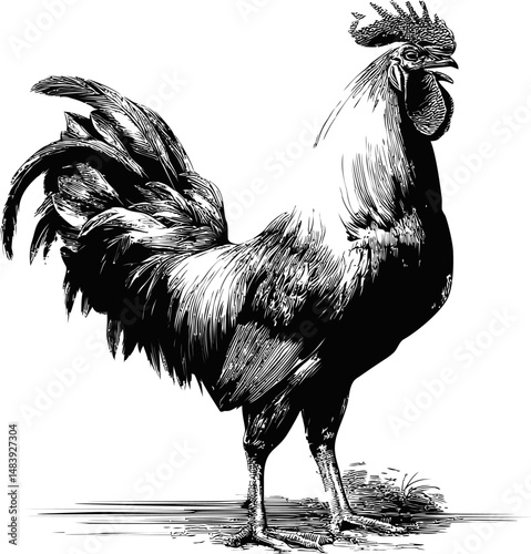 Detailed black and white illustration of a proud rooster in profile, vintage style. Vector illustration in sketch style