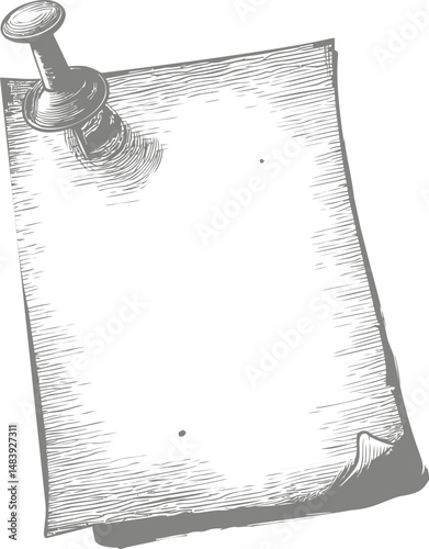 Sketch of a blank paper pinned up with a pushpin, monochrome. Vector illustration