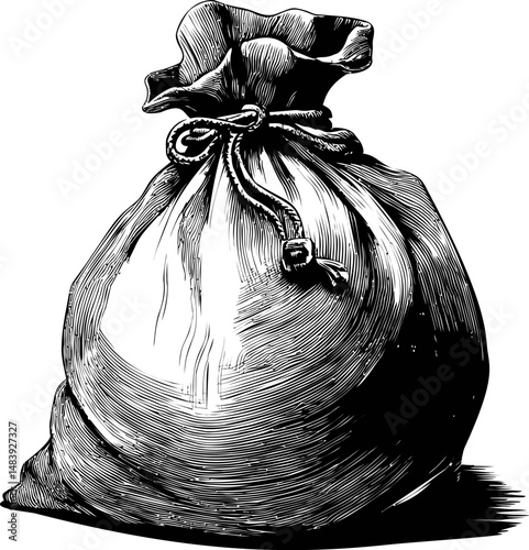 Detailed line art illustration of a tied sack with vintage style. Vector illustration in sketch style