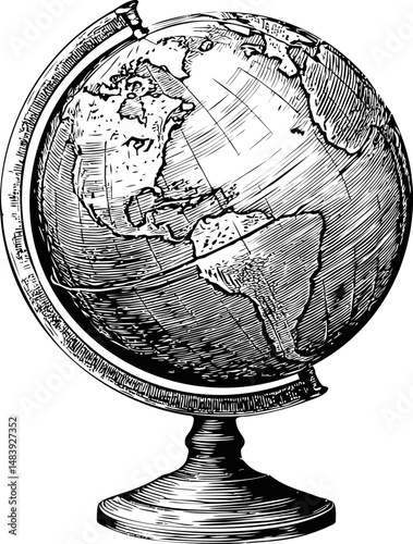 Vintage illustration of a monochrome globe displaying western hemisphere. Vector illustration in sketch style