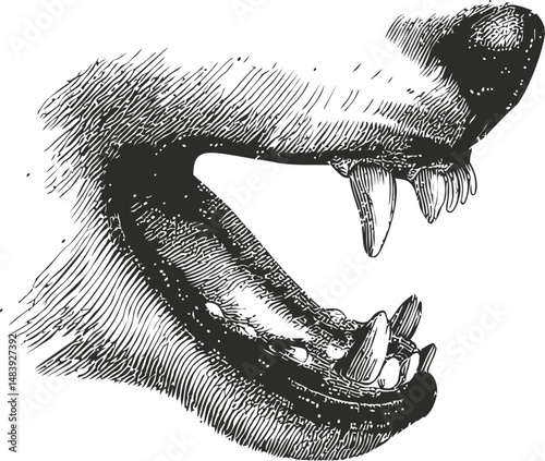 Open mouth of a snarling dog with sharp teeth in black and white illustration. Vector illustration in sketch style