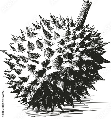 Black and white illustration of a spiky durian fruit with detailed texture. Vector illustration in sketch style