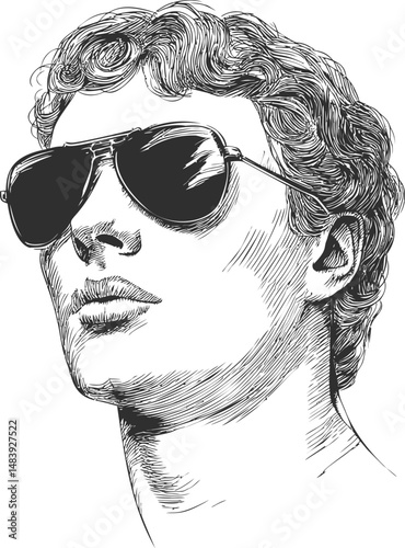 Black and white sketch of a man with curly hair wearing sunglasses. Vector illustration
