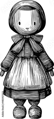 Vintage wooden doll with bonnet and dress in black and white illustration. Vector illustration in sketch style