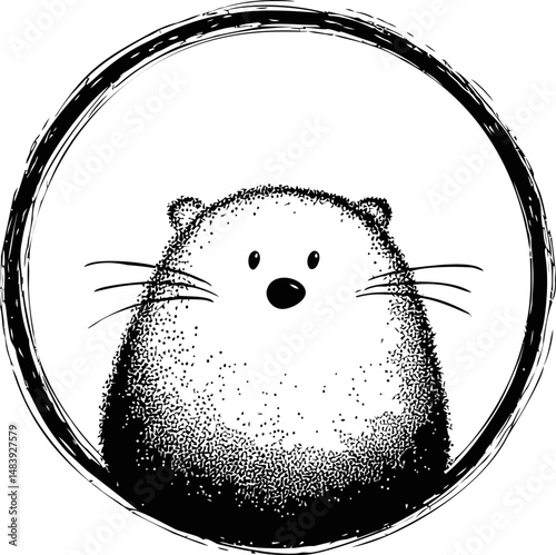 Cute black and white illustration of a round fluffy animal in a circle. Vector illustration in sketch style