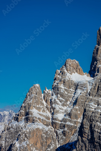 Winter Dolomites rocky tower mountain in Italian Alps, Trentino Alto Adige, Italy. Alps, alpine scenic landscape. Dolomites rocky mountain in Alpes at Cortina di Ampezzo. Tre Cime from Misurina