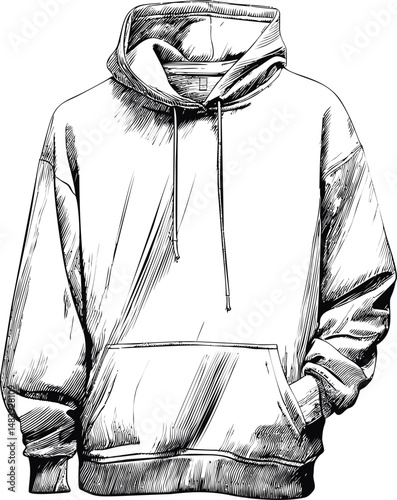 Black and white drawing of a hooded sweatshirt with intricate line detail. Vector illustration in sketch style