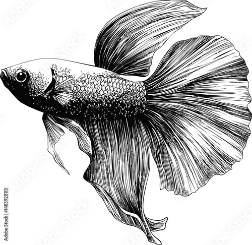 Detailed black and white illustration of a betta fish with flowing fins. Vector illustration in sketch style