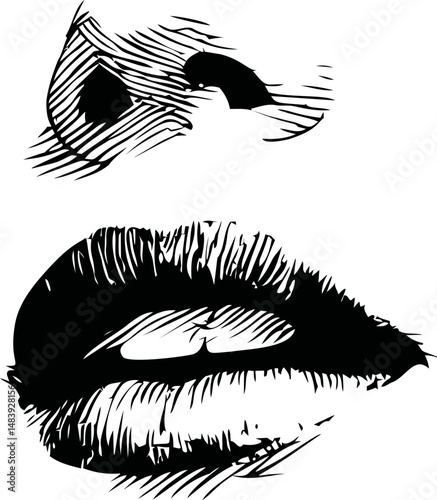 Abstract black and white sketch of expressive lips and nose. Vector illustration in sketch style