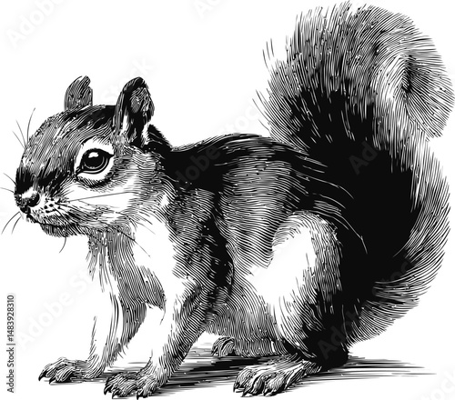 Detailed black and white sketch of a squirrel with bushy tail in side view. Vector illustration