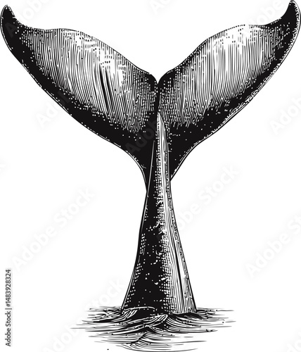 Detailed sketch of a whale tail in ocean waves, black and white art. Vector illustration