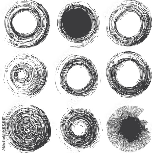 Abstract black and white grunge circles in various styles. Vector illustration
