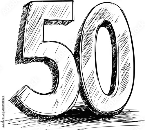 Hand-drawn sketch of large number 50 fifty in black and white, conceptual illustration. Vector illustration