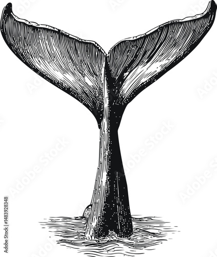 Illustrated whale tail emerging from water, black and white drawing. Vector illustration in sketch style