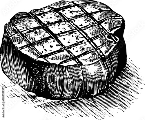 Engraved illustration of grilled steak with crosshatch marks, vintage sketch style. Vector illustration